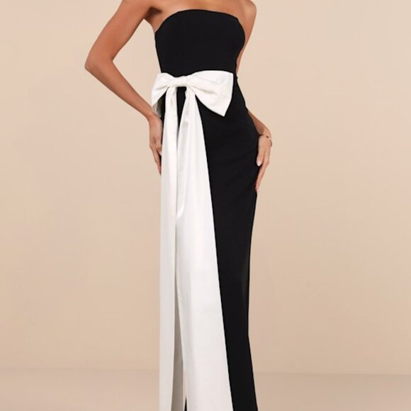 Lulus Marvelous Vision Black Strapless Bow Column Maxi Dress - Size S - Picture 1 of 2